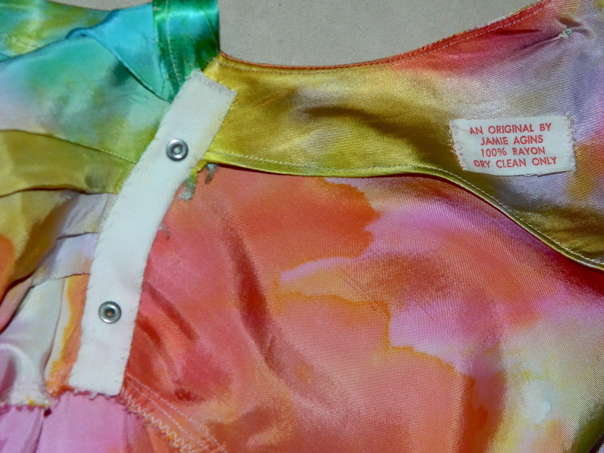 vintage 1970s satin rainbow blouse / hand dyed rayon / button back OOAK