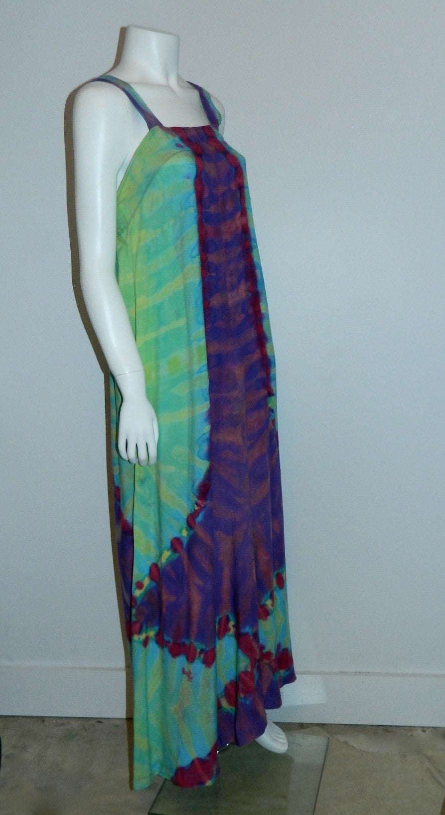 vintage 1970s TIE DYE rayon maxi dress / apron dress / overall strap gown XS - S