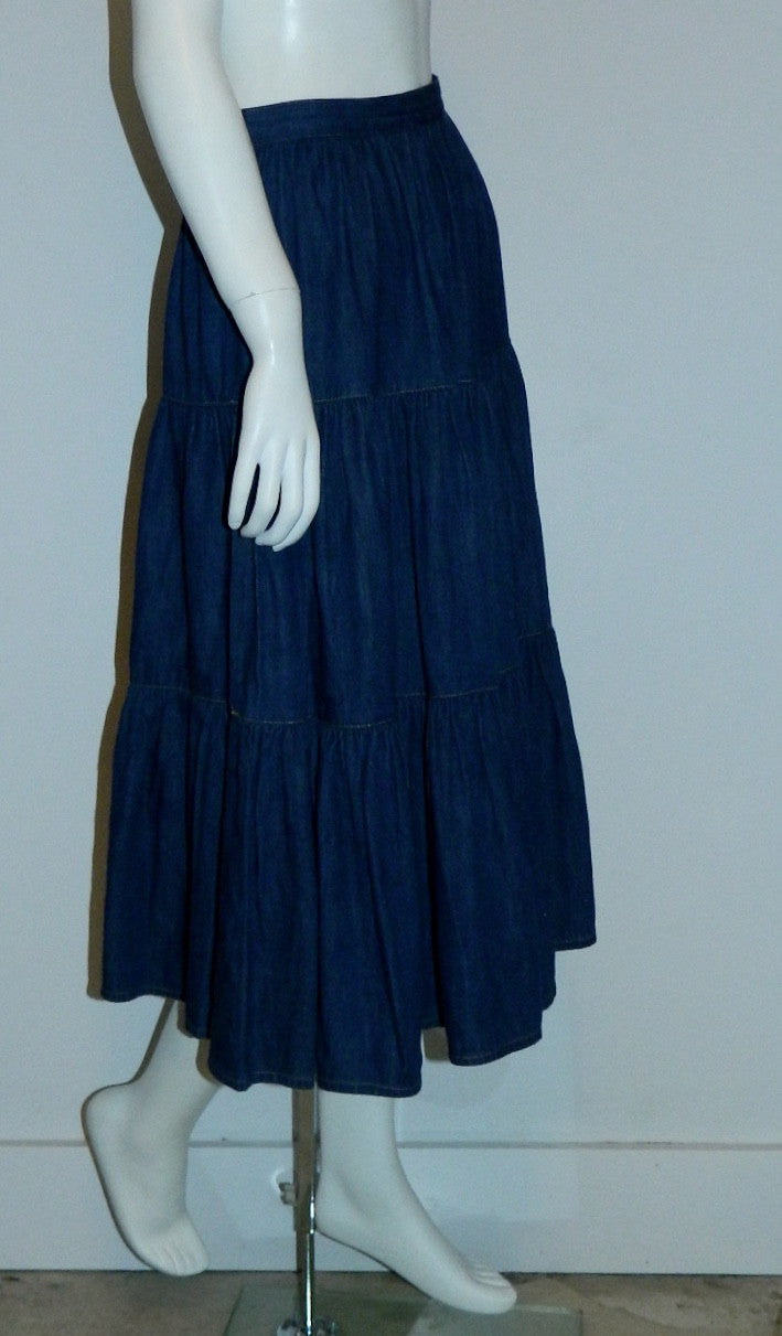 1980s tiered denim skirt / chambray cotton / vintage BIS Gene Ewing / high waist XS