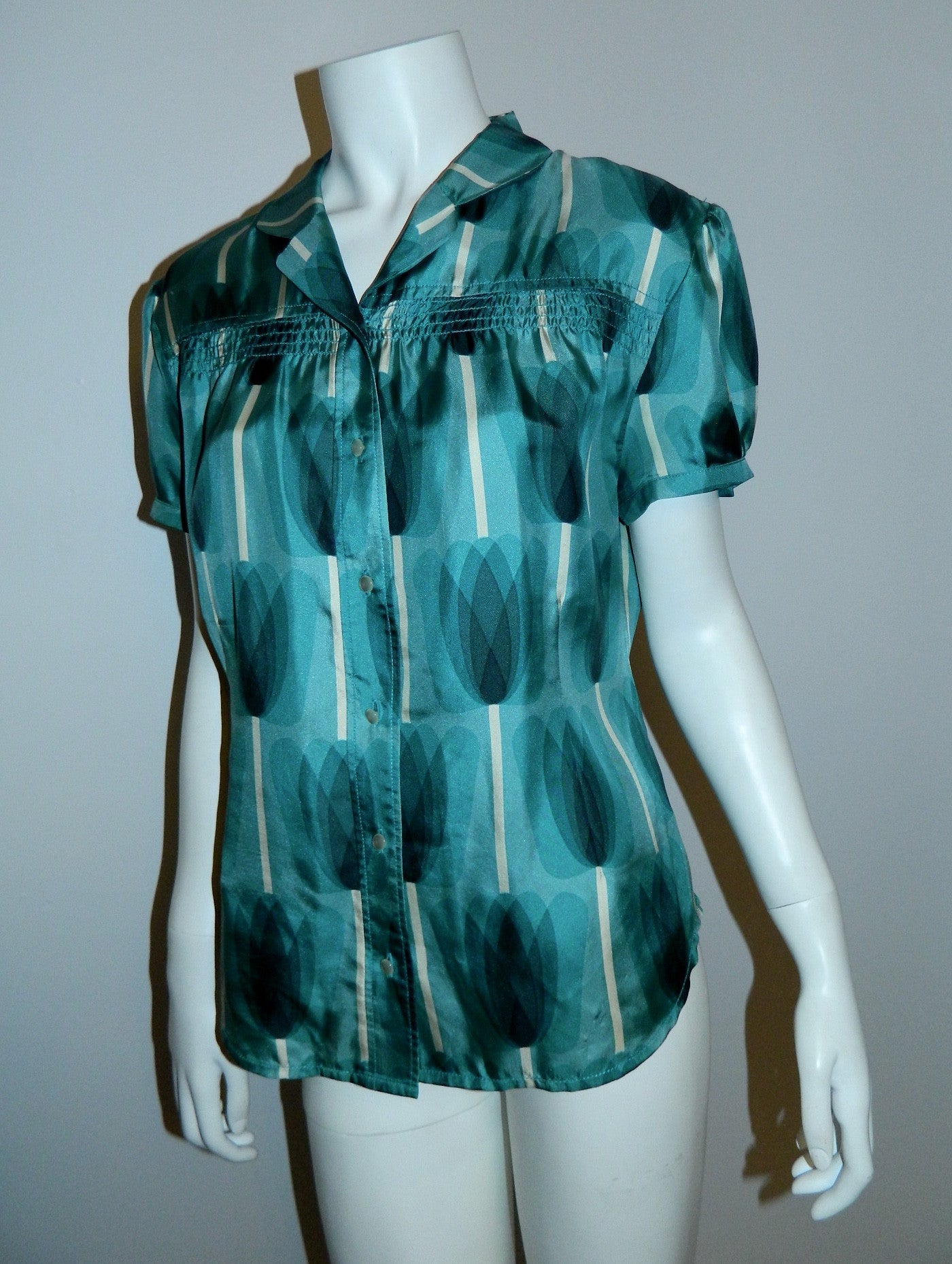 silk twill ORLA KIELY tulip print blouse blue shirt size 4 (US M- L)