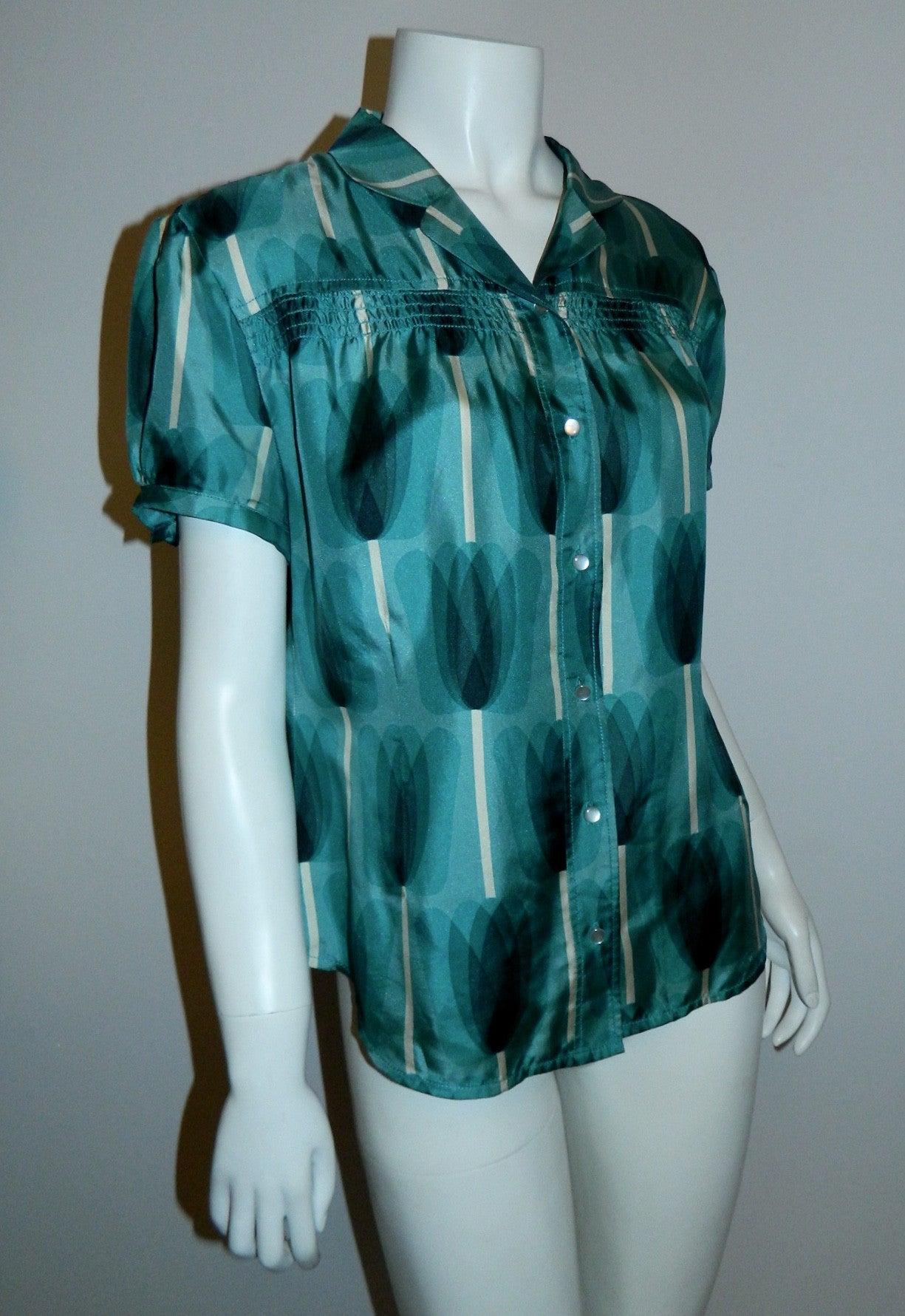 silk twill ORLA KIELY tulip print blouse blue shirt size 4 (US M- L)