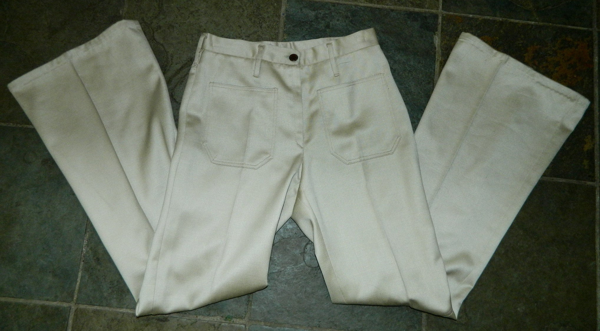 vintage 1970s beige sateen bell bottoms / sailor pants / flare leg jeans XS