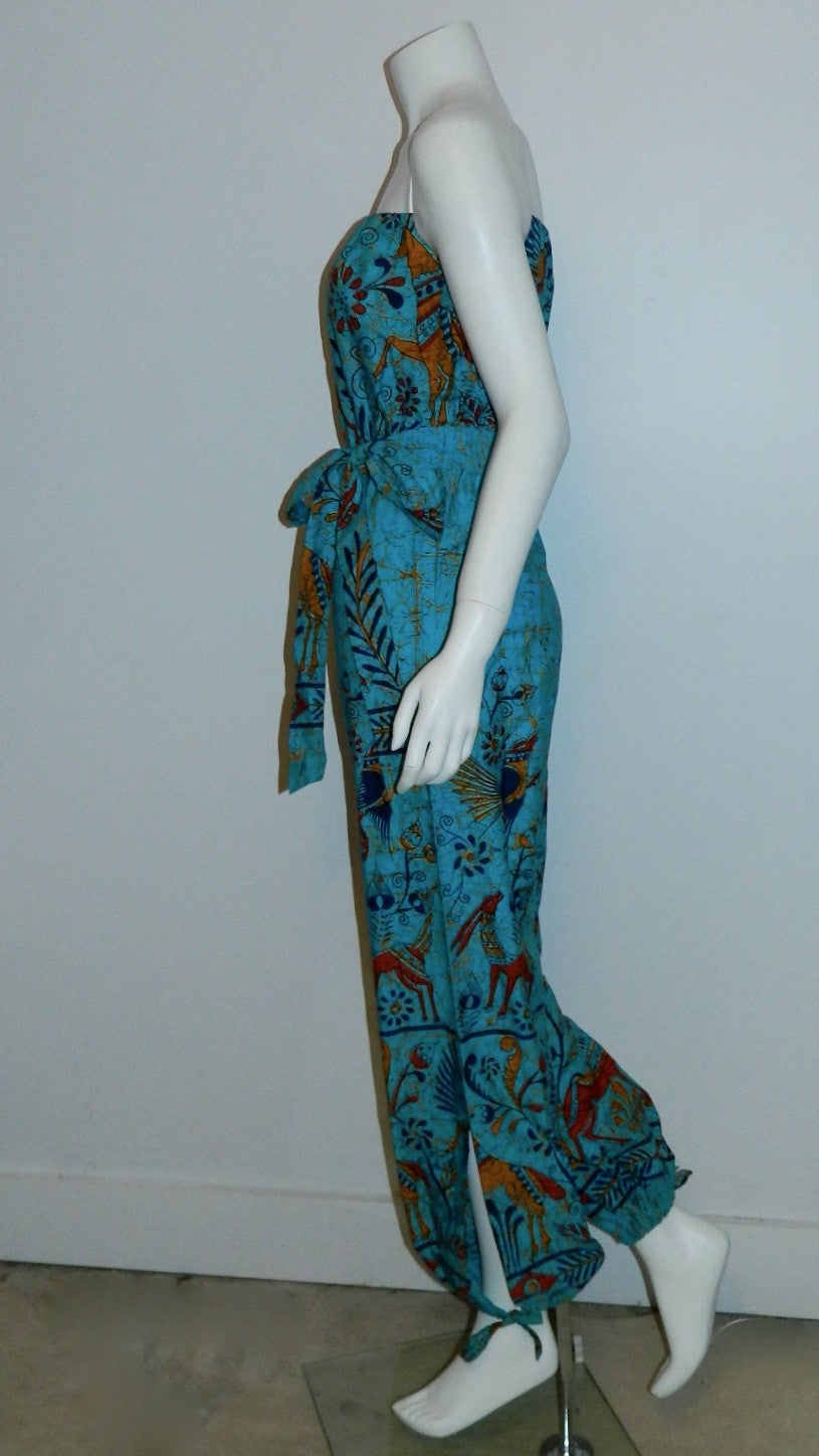 vintage BATIK jumpsuit / strapless romper / aqua blue bird print XS - S by Telas Escalera