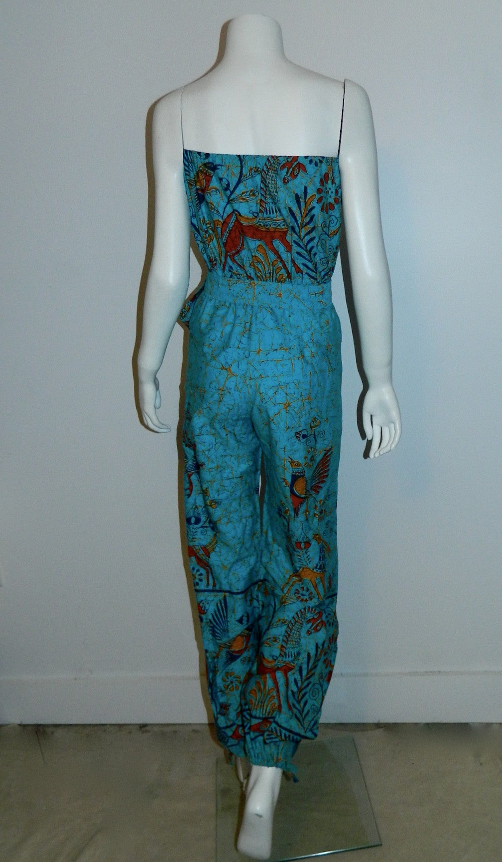 vintage BATIK jumpsuit / strapless romper / aqua blue bird print XS - S by Telas Escalera