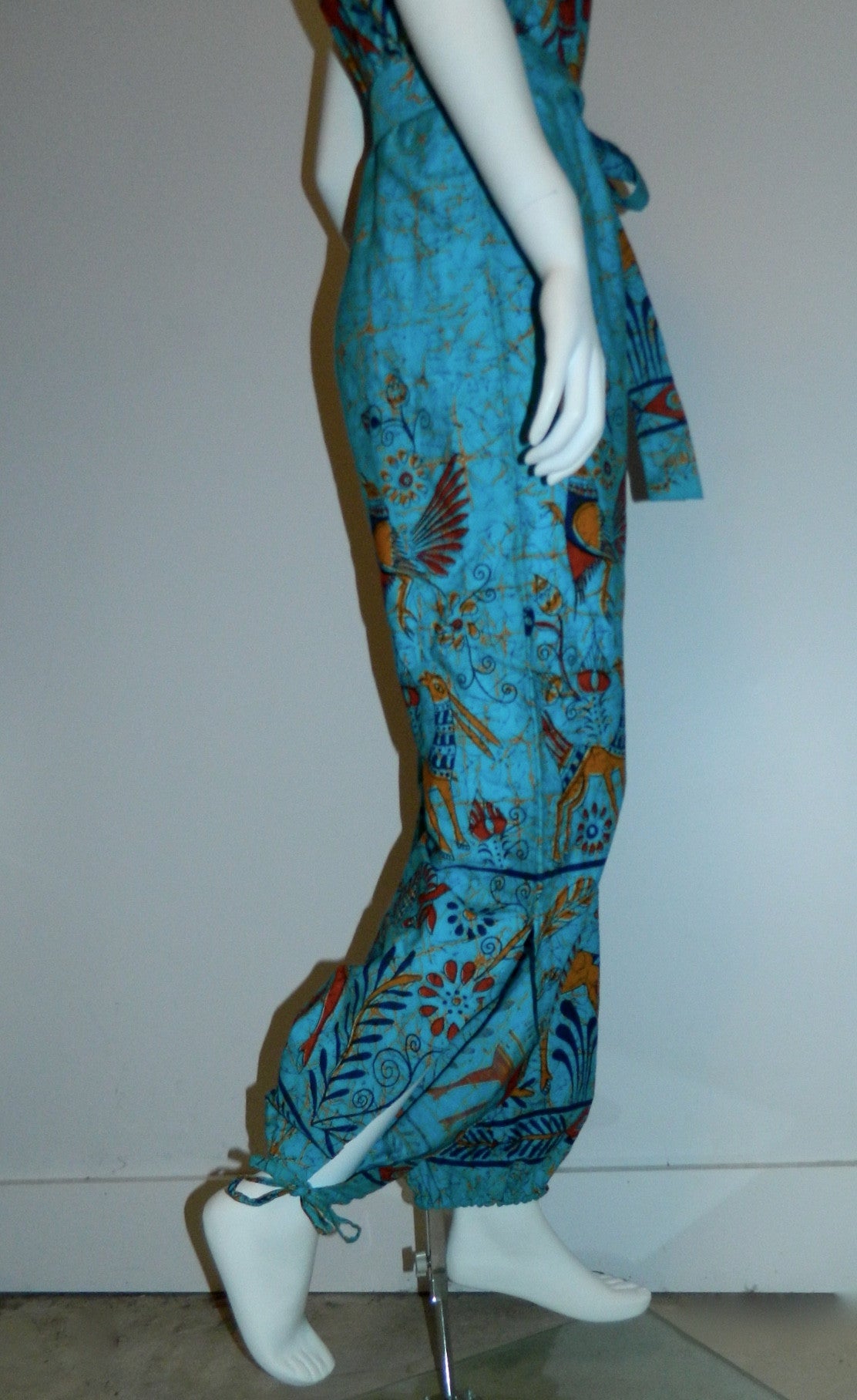 vintage BATIK jumpsuit / strapless romper / aqua blue bird print XS - S by Telas Escalera