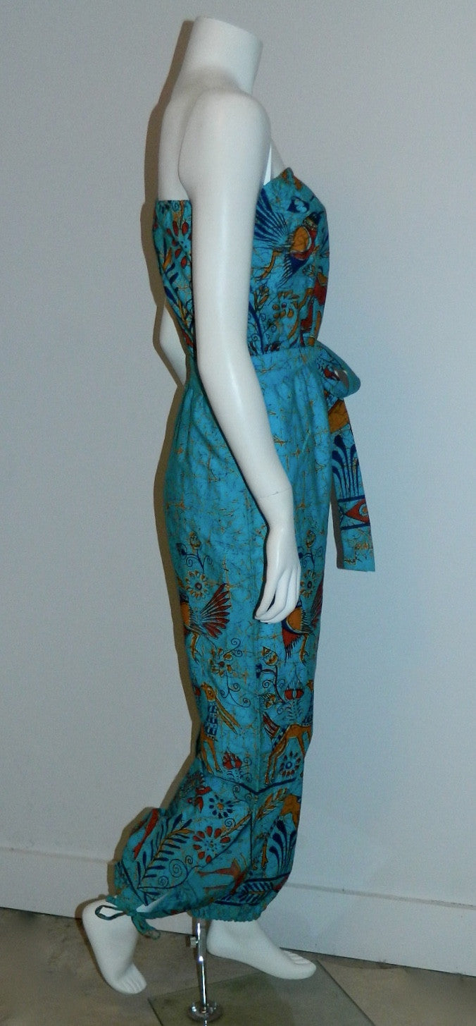 vintage BATIK jumpsuit / strapless romper / aqua blue bird print XS - S by Telas Escalera