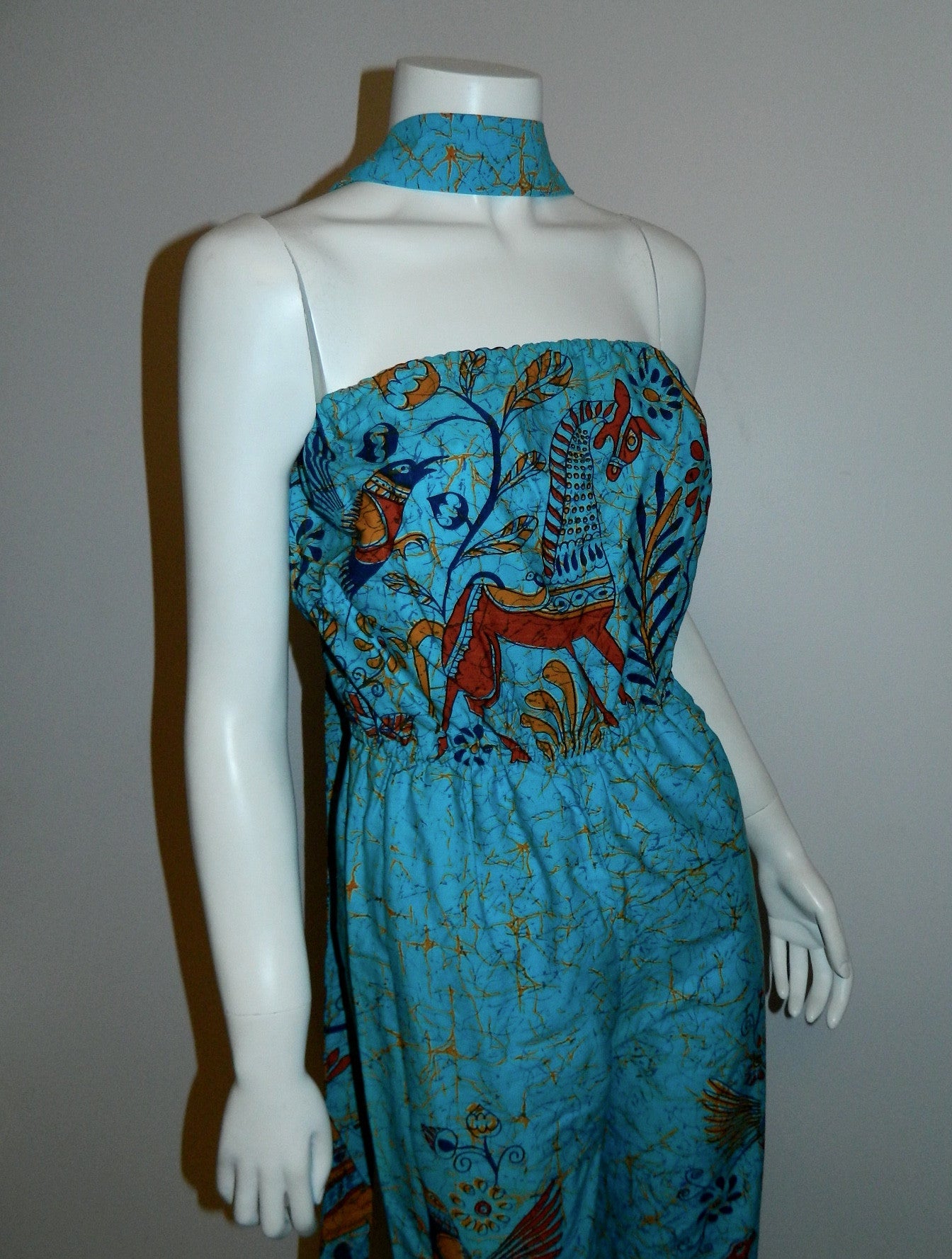 vintage BATIK jumpsuit / strapless romper / aqua blue bird print XS - S by Telas Escalera