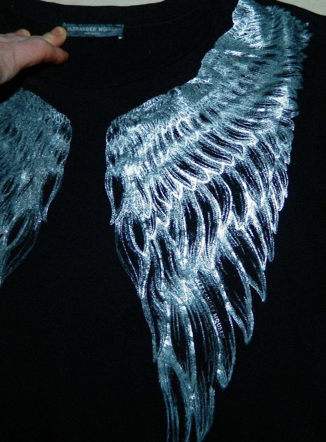 black Alexander McQueen angel wings tee shirt / silver metallic logo top 42/ US M