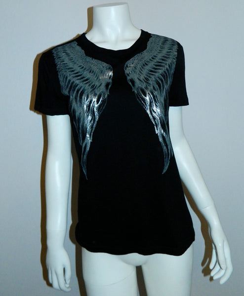 black Alexander McQueen angel wings tee shirt / silver metallic logo top 42/ US M