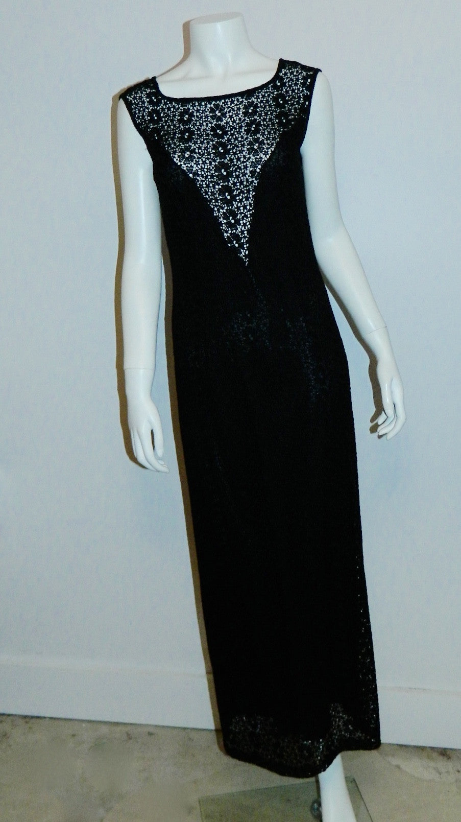 vintage 1960s column dress black lace Peek A Boo front gown XS