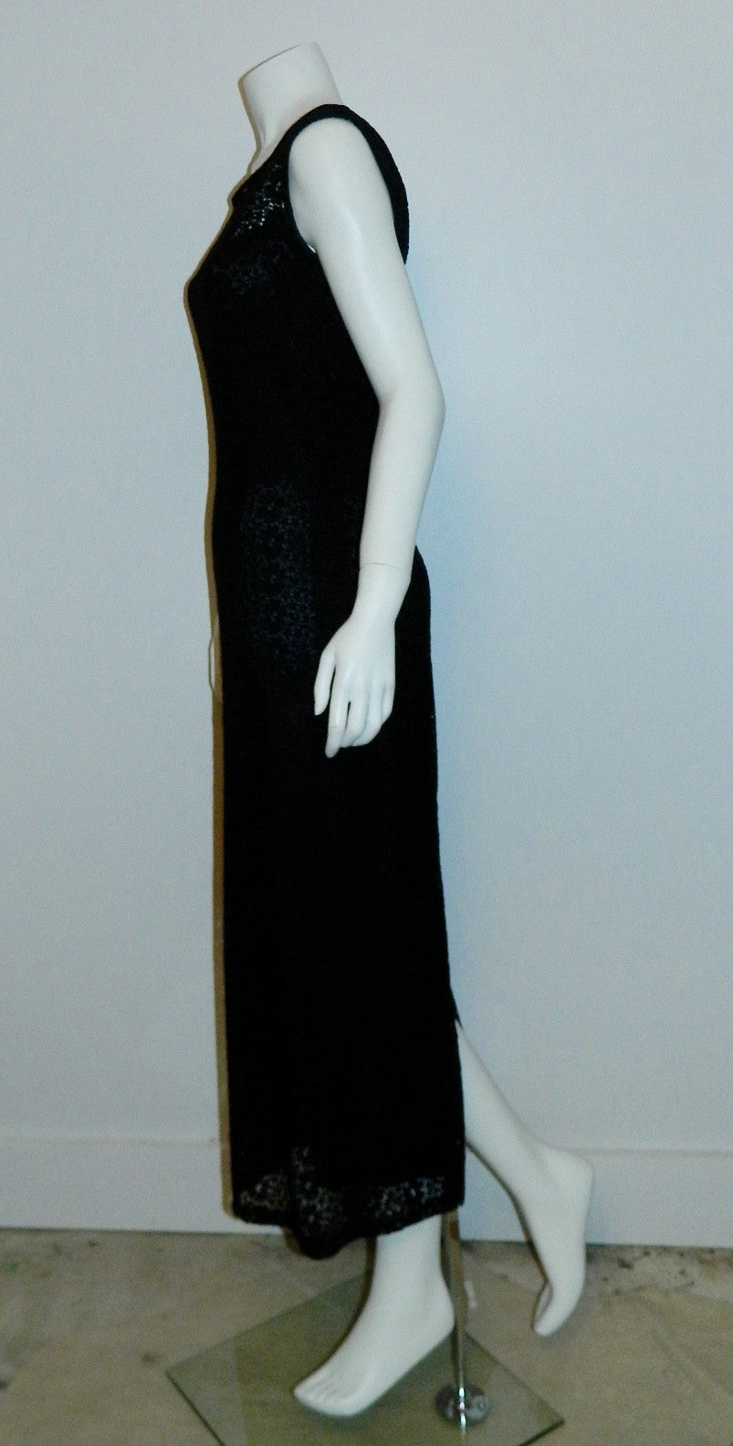 vintage 1960s column dress black lace Peek A Boo front gown XS