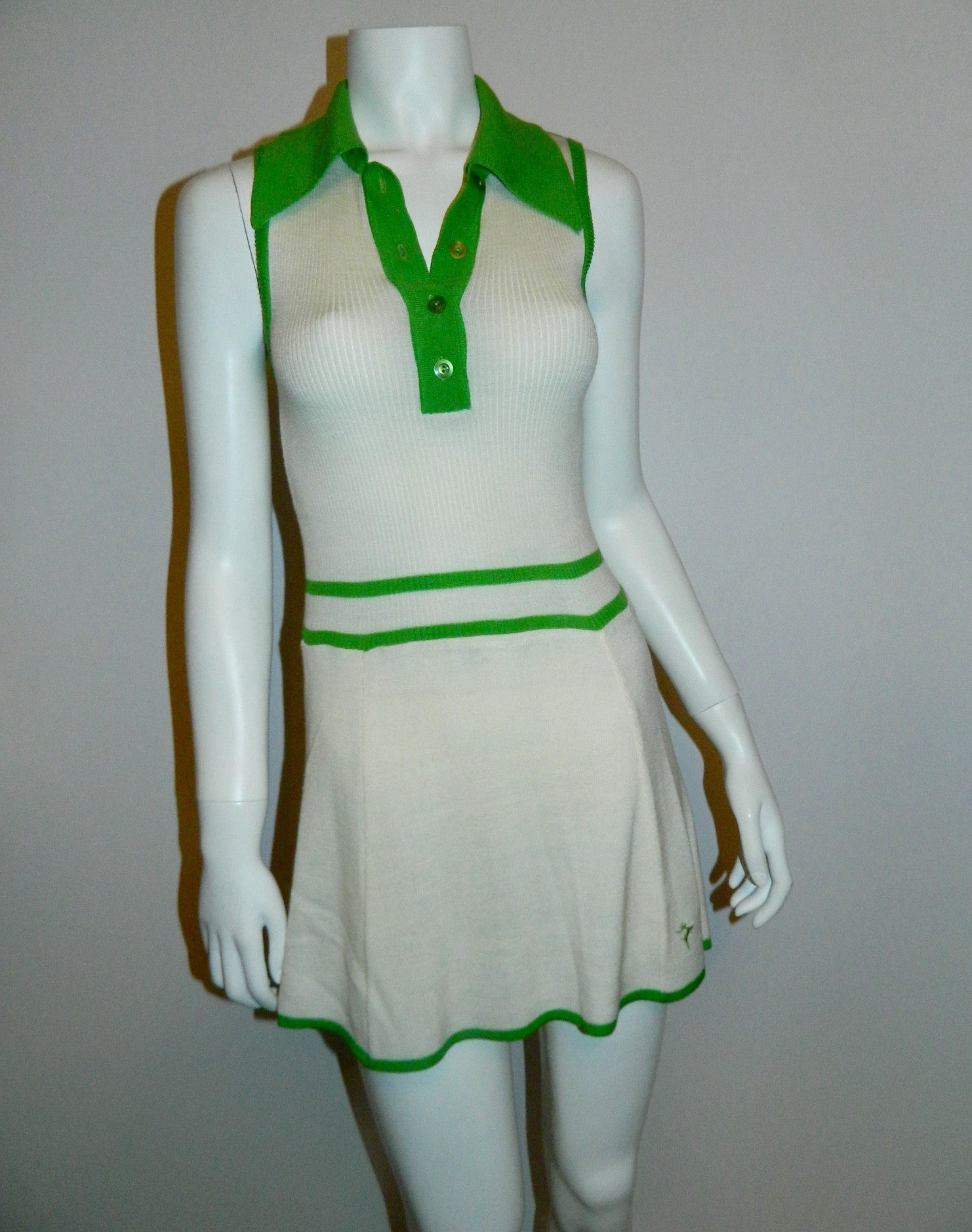 vintage 1970s tennis dress WHITE STAG knit mini dress cardigan sweater white kelly green XS