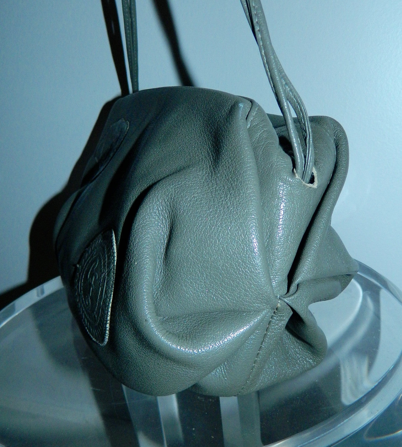 vintage 1970s leather purse gray Carlos Falchi barrel shoulder bag Buffalo leather