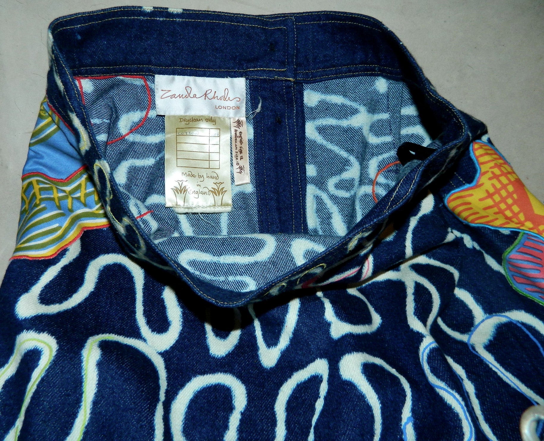 vintage Zandra Rhodes skirt 1980s bleached denim tiered hem appliqué US 10