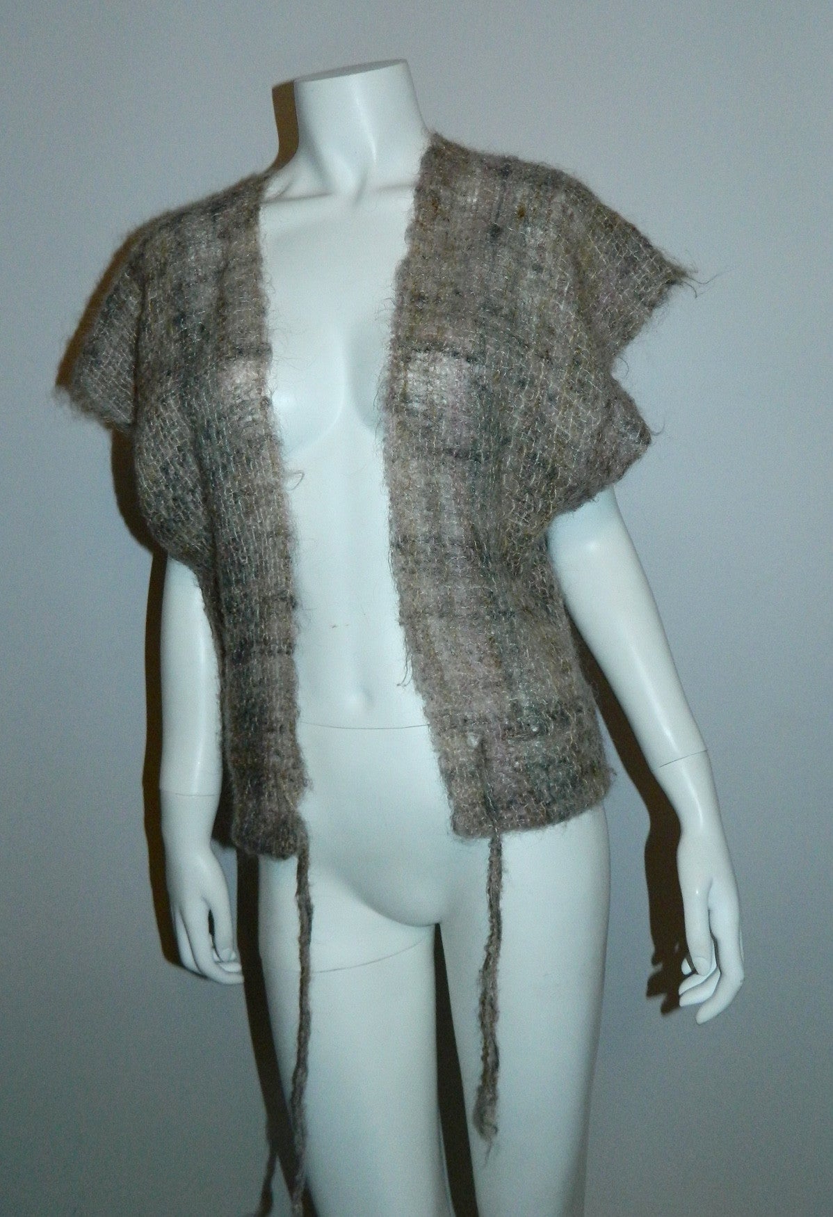 vintage 1970s woven MOHAIR sweater / cap sleeve cardigan vest / backless shawl top