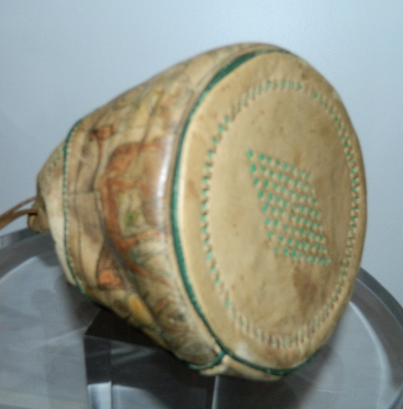 antique 1930s leather drawstring bag / Roman warrior print / horses Egyptian