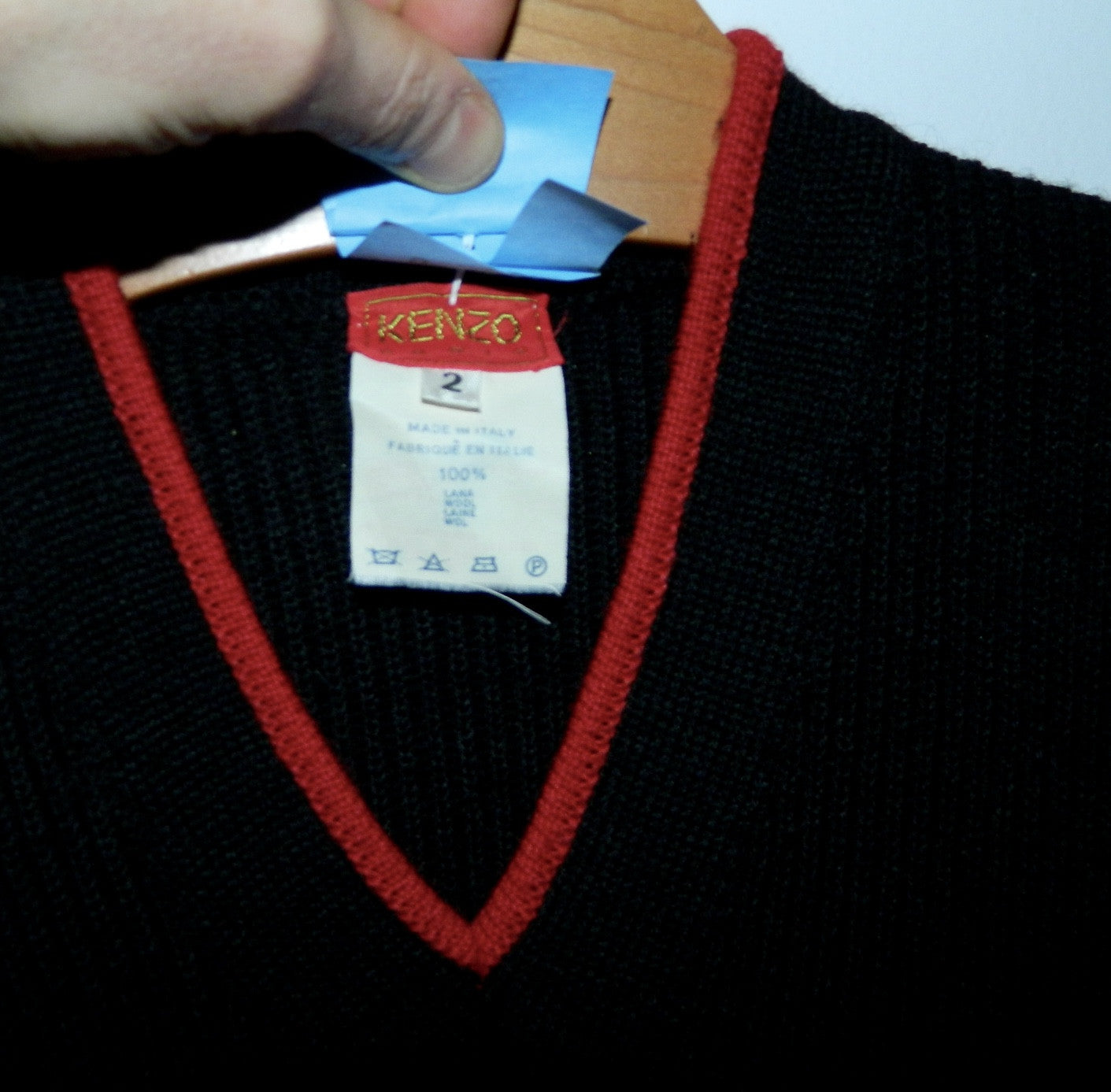 vintage KENZO sweater black wool ribbed knit top red trim 1980s designer
