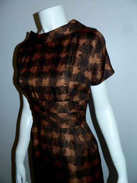 1960s chic vintage copper houndstooth Florian sheath dress bow back XS