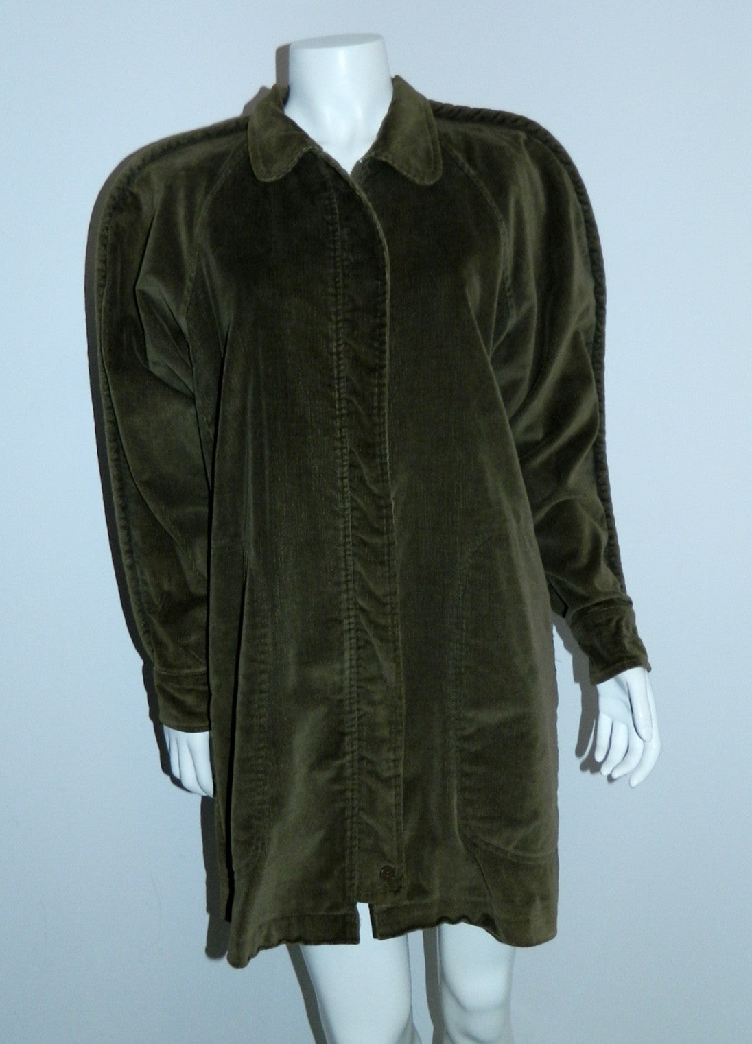 vintage 1980s olive green car coat Lester Hayatt corduroy barn jacket swing coat M OSFM