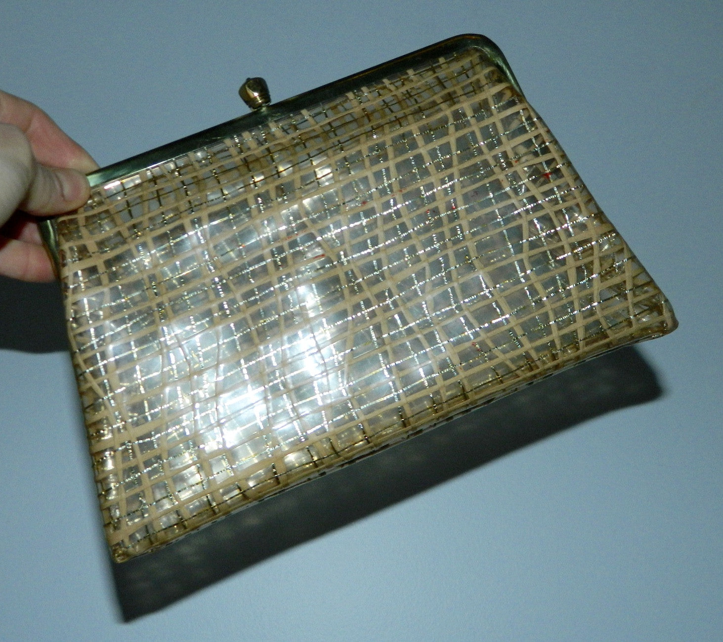 vintage 1950s plastic clutch bag clear gold metallic plaid