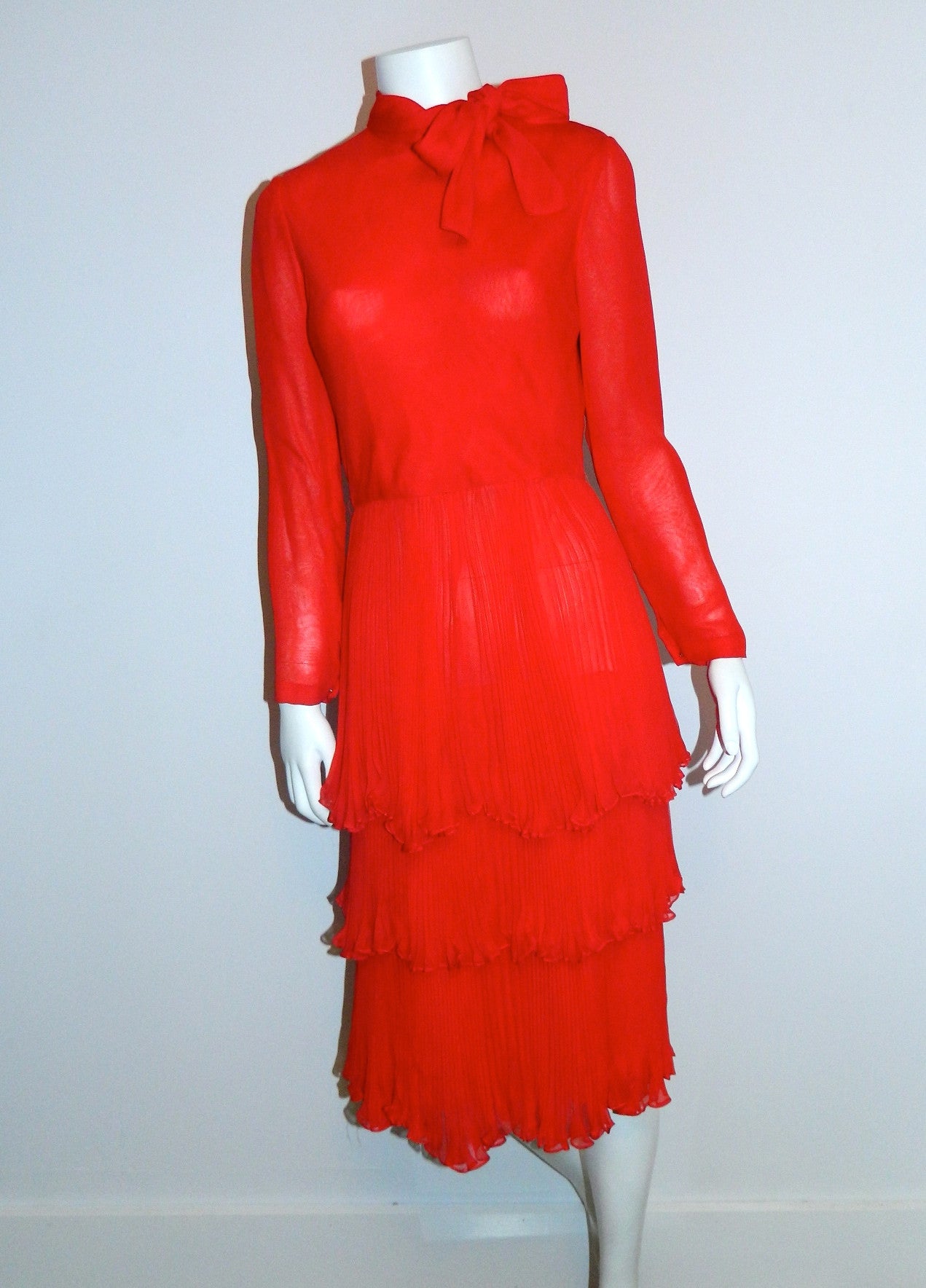 red silk chiffon John Anthony dress / 1970s vintage / tiered skirt / bow neck XS - S