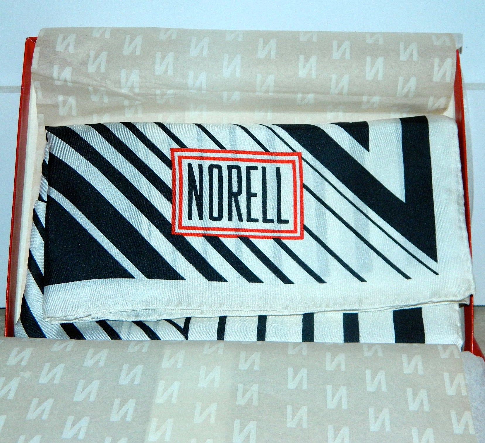 vintage 1960s Norman NORELL logo silk scarf / N monogram / B Altman box