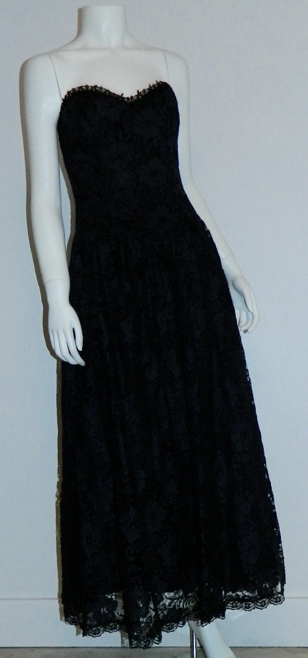 vintage 1980s strapless dress Jessica McClintock black lace dress XS S