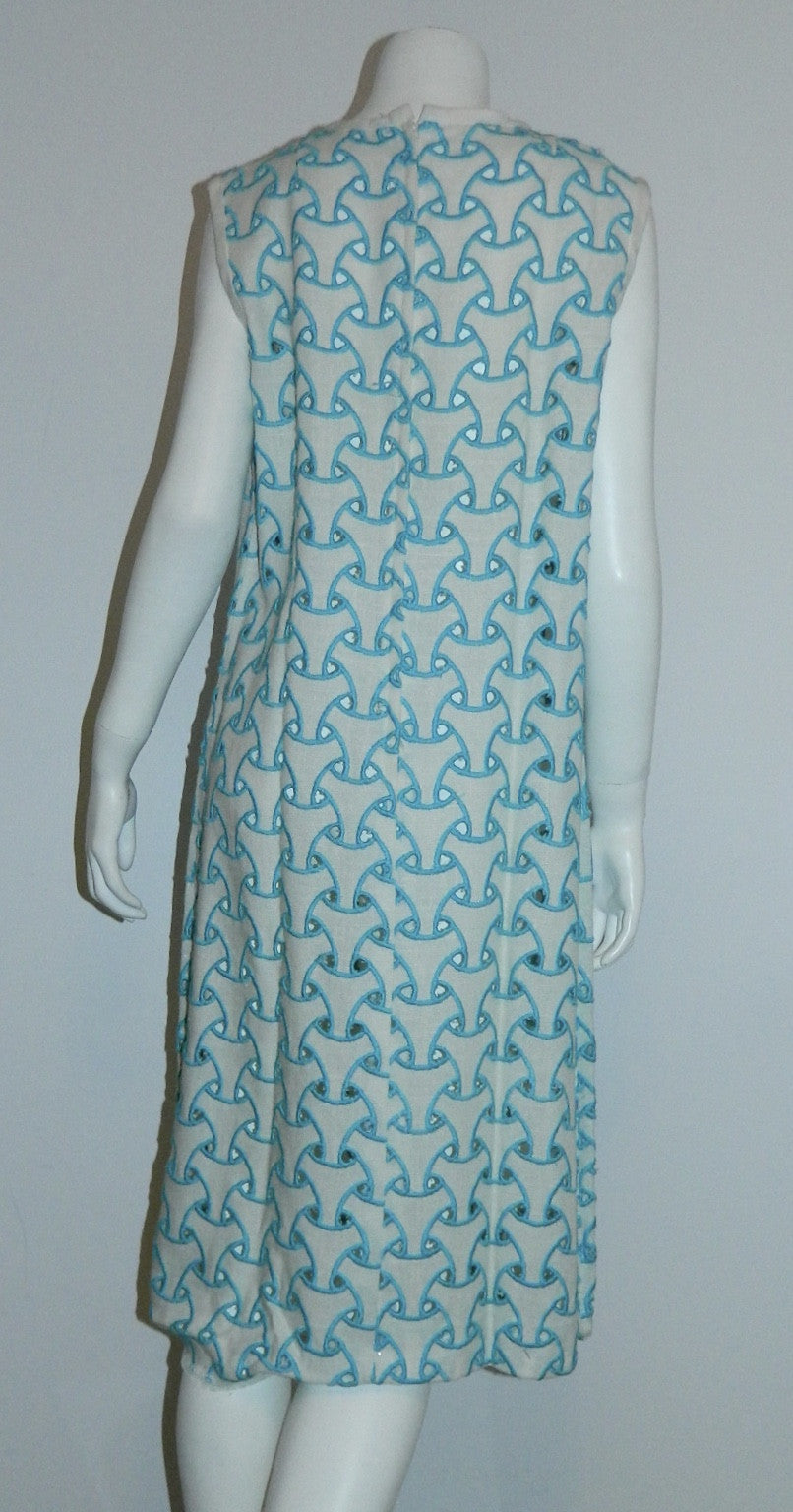 MOD vintage 1960s cut out dress L'Aiglon white sleeveless sheath / trompe l'oeil embroidery
