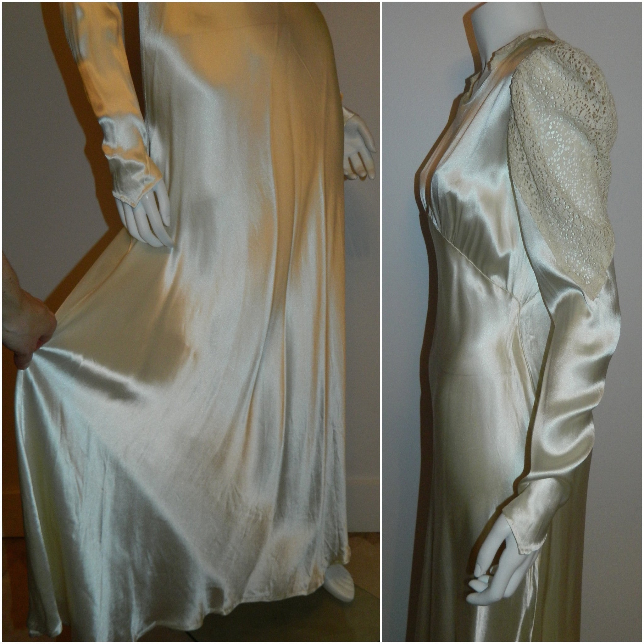 Art Deco silk satin wedding gown 1930s bias cut ivory button back dress lace sleeves XS
