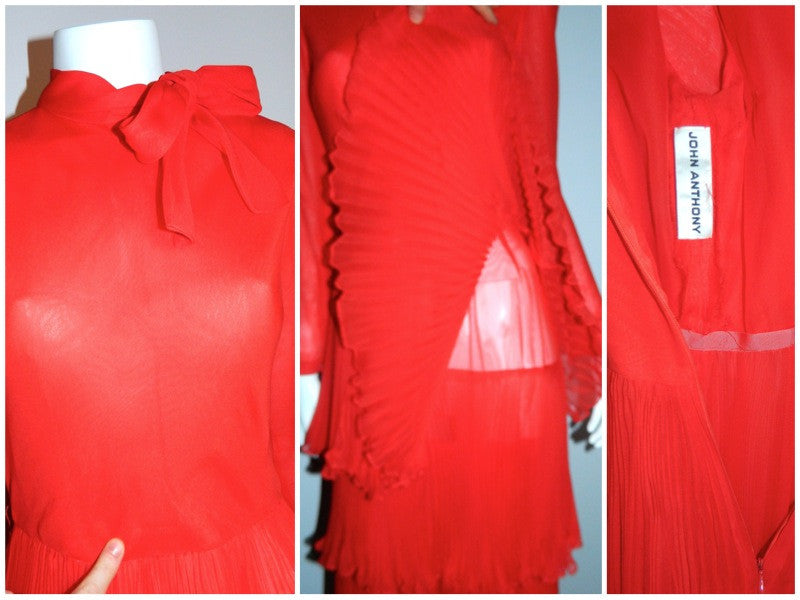 red silk chiffon John Anthony dress / 1970s vintage / tiered skirt / bow neck XS - S