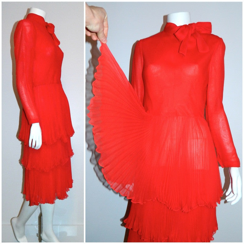 red silk chiffon John Anthony dress / 1970s vintage / tiered skirt / bow neck XS - S