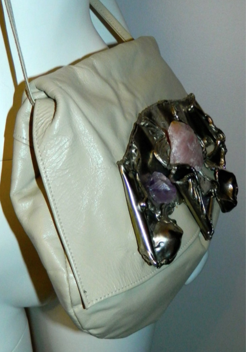 vintage 1970s purse Brutalist metal sculpture Copa Collection bag amethyst rose quartz silver
