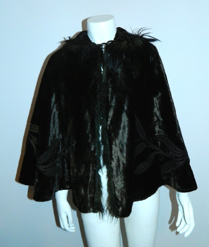 antique velvet cape 1800s Victorian dark brown capelet beaded soutache / fur trim