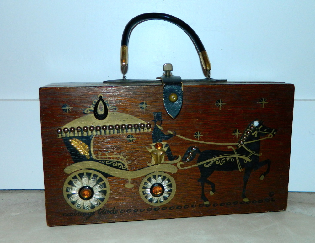 vintage 1960s Enid Collins wooden purse Carriage Trade handbag jeweled box bag