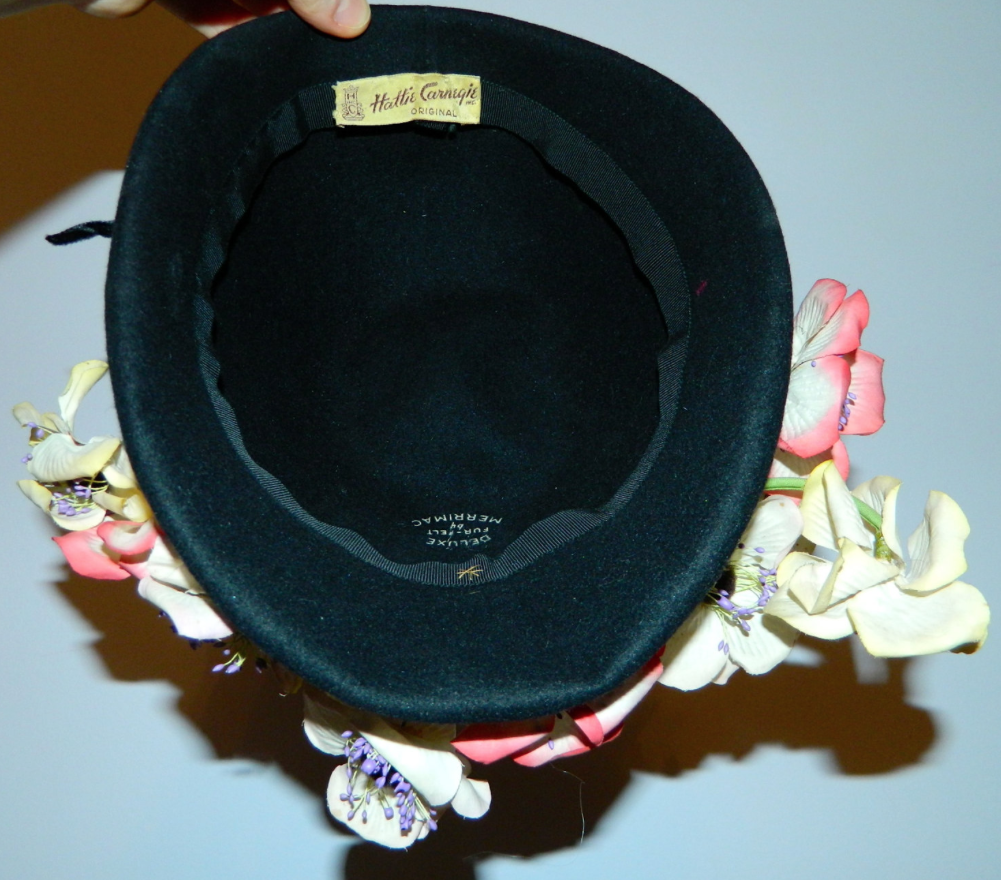 vintage 1940s Hattie Carnegie hat black wool cap floral front spray 40s millinery
