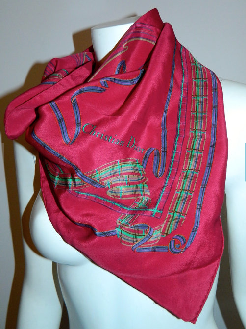 vintage 1980s silk scarf Christian Dior magenta ribbon print square scarf