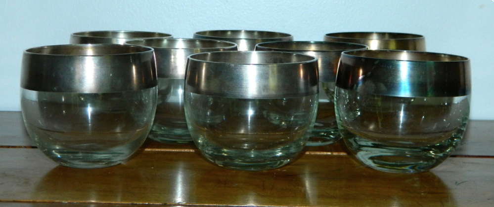 vintage 1960s glasses Dorothy Thorpe silver band ROLY POLY tumblers set of 8
