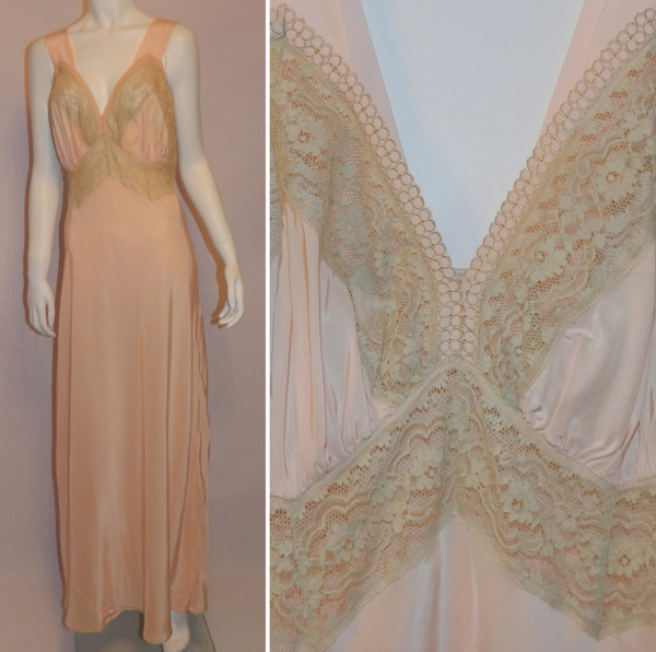 vintage 1940s Rhythm Lingerie long slip pink Deco bias cut rayon gown 36
