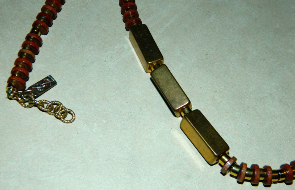 vintage 1980s necklace Yves Saint Laurent brass wood geometric YSL jewelry