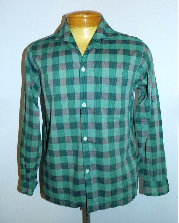 vintage 1940s teal plaid shirt Van Heusen Maggi button loop collar Mens S - M