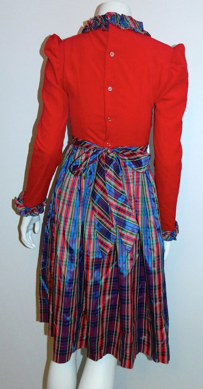 vintage 1970s Yves Saint Laurent dress red velvet bodice / plaid taffeta full skirt