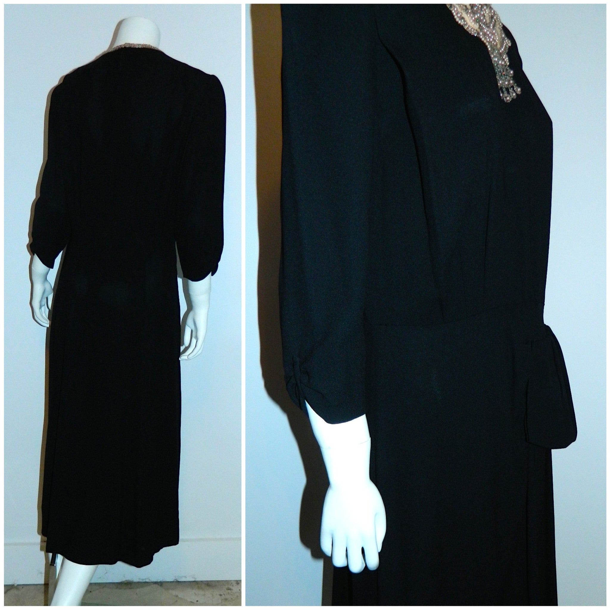 vintage 1930s black crepe dress / Art Deco beaded neckline / rayon crepe cocktail dress M - L