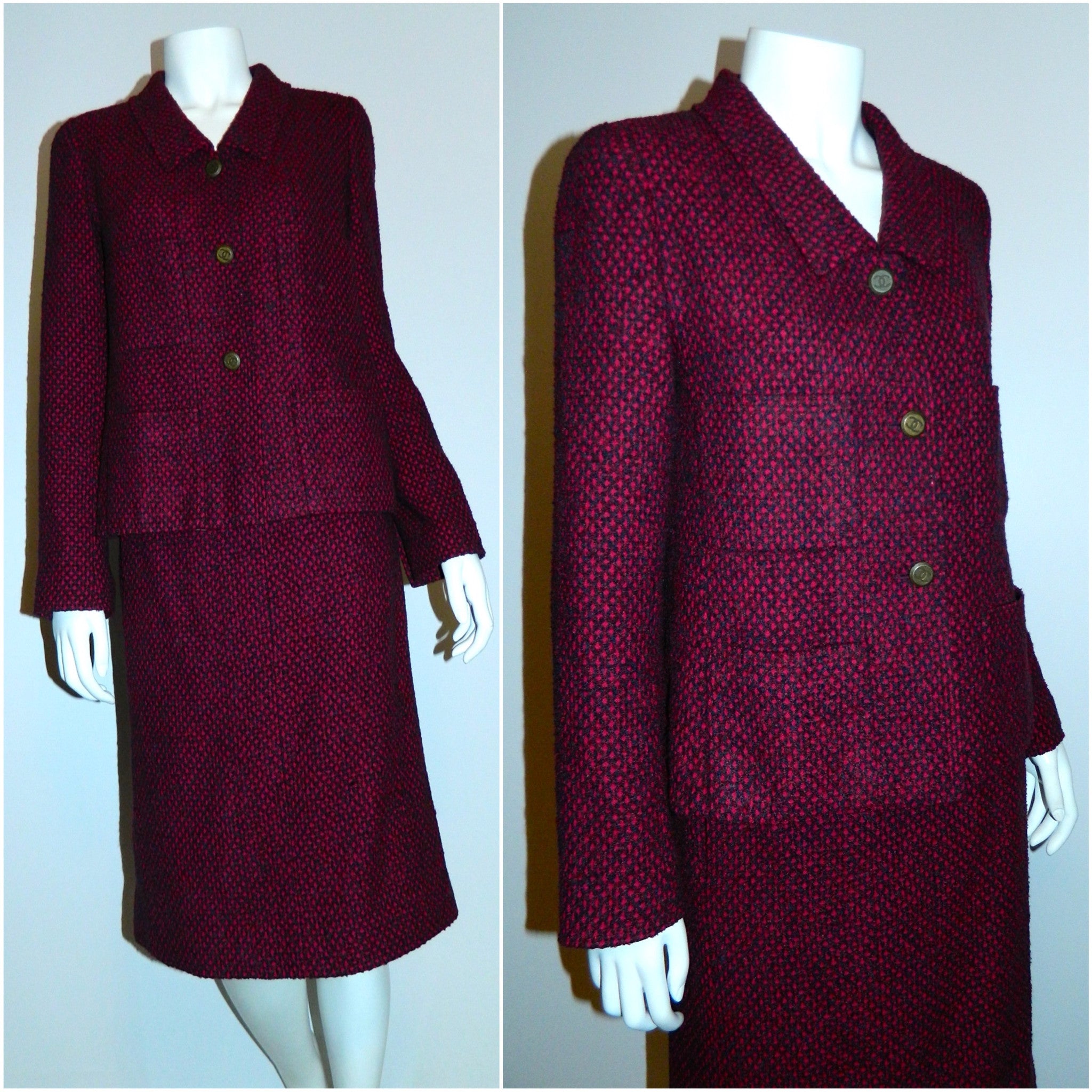 vintage 1980s CHANEL tweed suit plum blue wool boucle jacket skirt CC logo buttons S - M