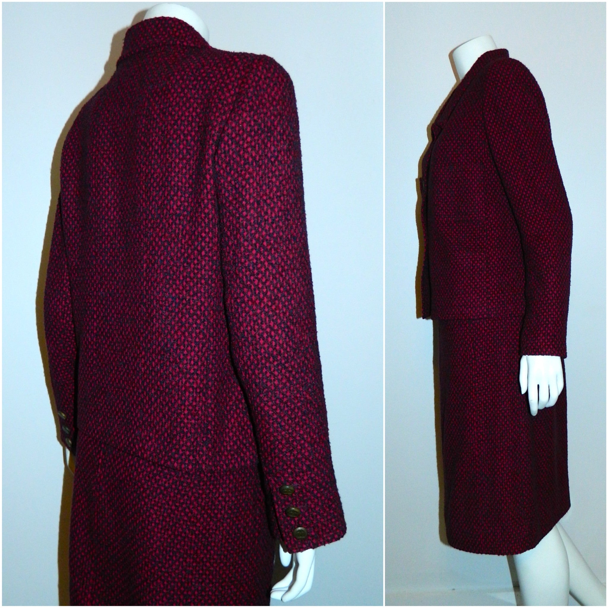 vintage 1980s CHANEL tweed suit plum blue wool boucle jacket skirt CC logo buttons S - M